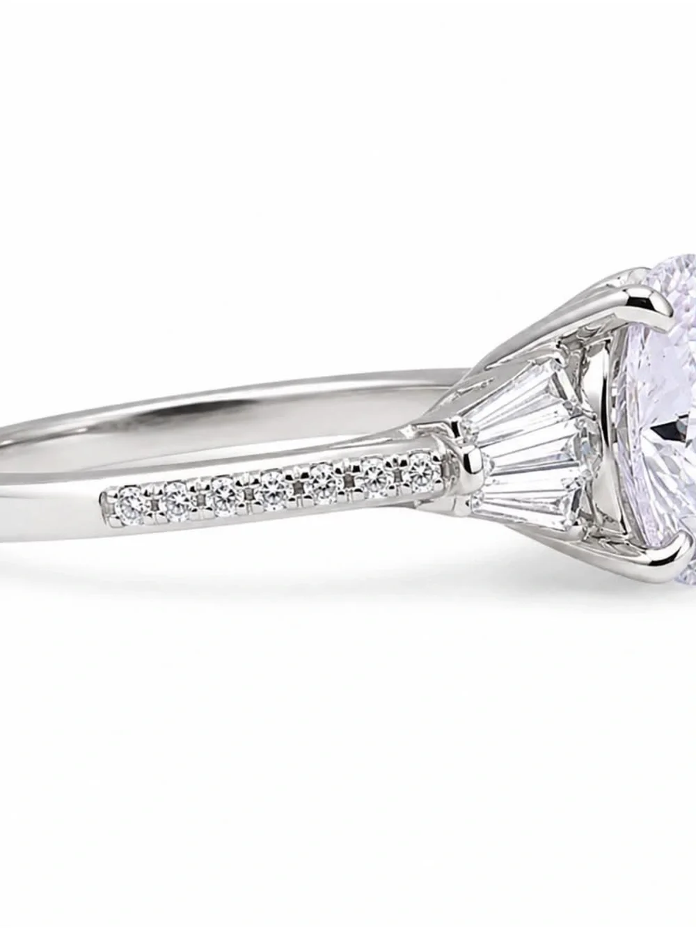 Oval White CZ Engagement Ring with Tapered Baguette Accents